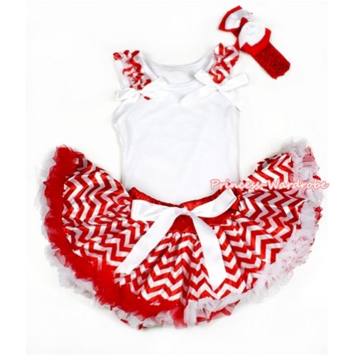 White Baby Pettitop With Red White Wave Ruffles & White Bows with Red White Wave Newborn Pettiskirt NG1292 